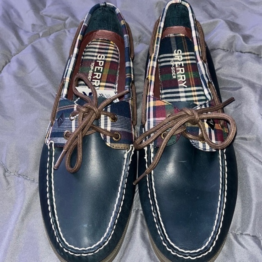 Men's Navy Plaid Sperry Top-Sider Leeward Boat Shoe